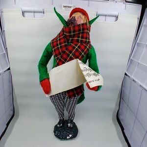 Handmade Christmas Caroler Elf Figurine Plaid Scarf Green Coat Holiday Decor